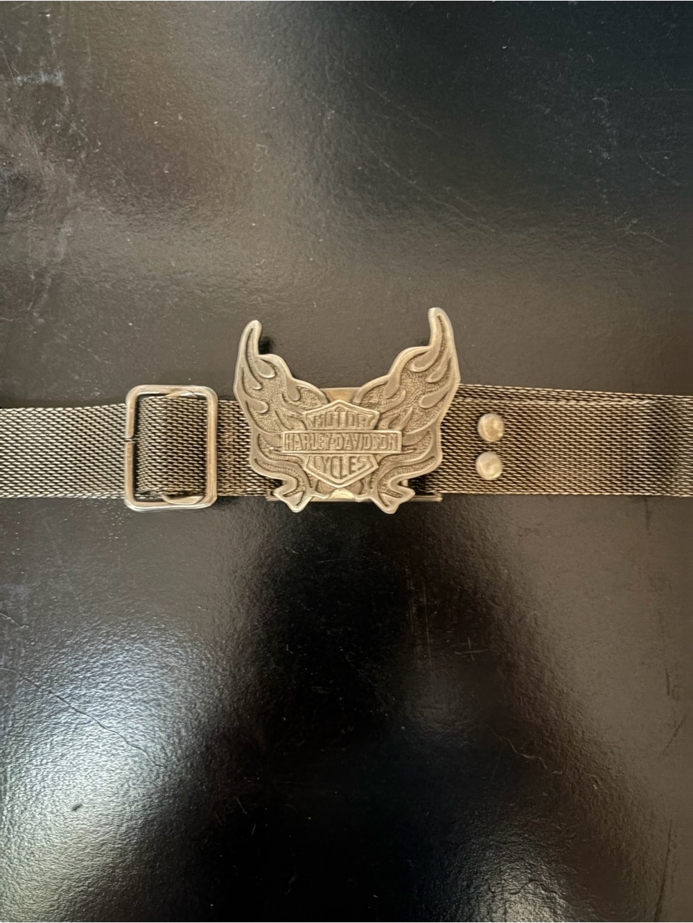 Harley-Davidson Black Mesh Belt with Flame Logo Buckle